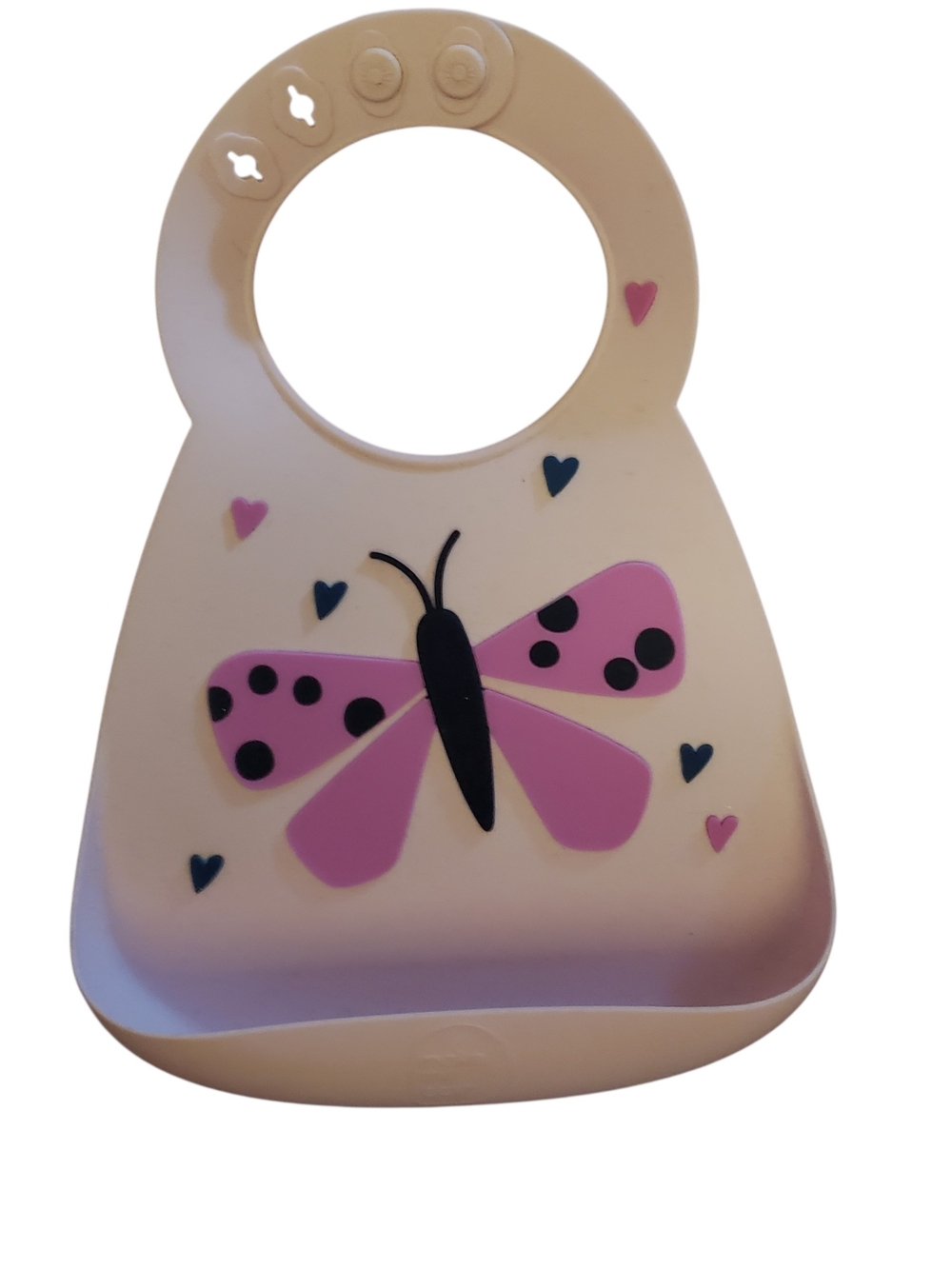 Make my Day silicone baby bib, pink butterfly design. New